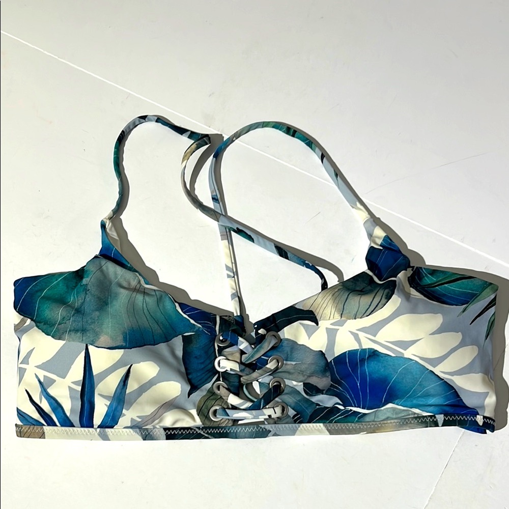 Red Carter Floral Lace-Up Bikini Top Watercolors Blue Teal swimwear sz large 10